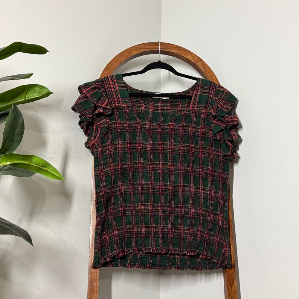 Ivy City Co 1X Green Red Tartan Plaid Ruffle Tiered Sleeve Smocked Top